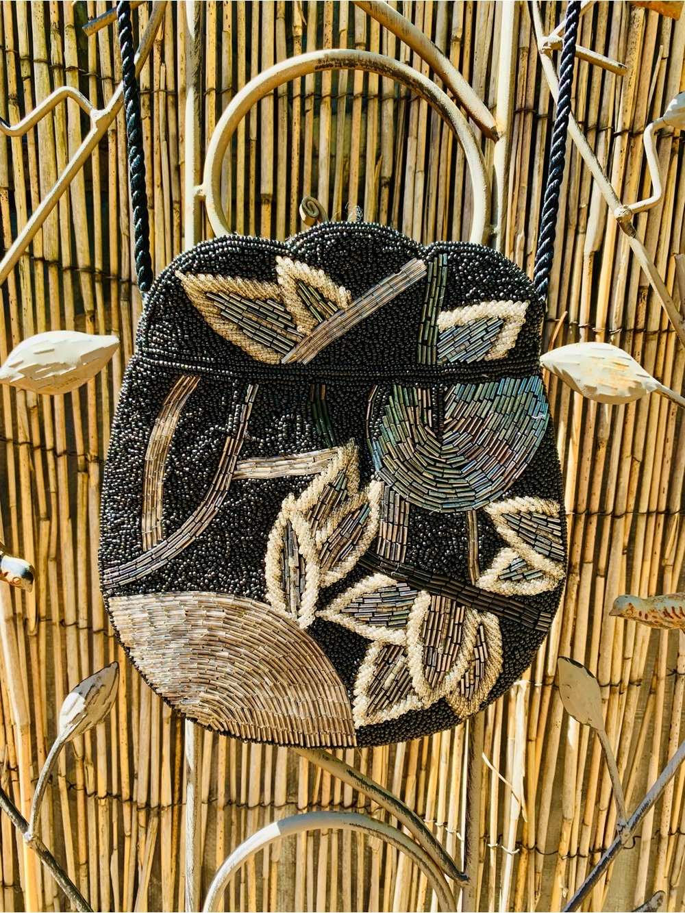 Beaded Floral Evening Bag - Black and silver Metallic